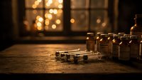 Vintage glass vials and test tubes on wooden table in warm laboratory setting with bokeh lights creating atmospheric scientific research ambiance.
