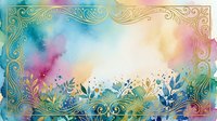 Watercolor gradient background with ornate gold filigree border and botanical flourishes, featuring soft pastel colors blending from pink to blue to yellow, suitable for invitations and design projects.