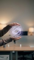 Hands holding glowing digital sphere with neural network connections, representing artificial intelligence, innovation, and technology solutions for business applications.