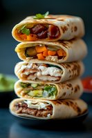 Stack of grilled flour tortilla wraps filled with beans, vegetables, meat and cheese on dark background for restaurant menu and food delivery concepts.