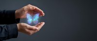 Business hands protecting glowing blue butterfly symbolizing transformation, growth and environmental conservation in corporate responsibility concept.