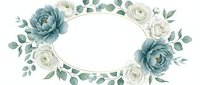 Elegant oval floral frame with dusty blue and white roses, eucalyptus leaves on transparent background. Perfect for wedding invitations, greeting cards.