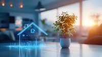 Digital smart home hologram with house icon and data interface on office desk with potted plant at sunset, modern technology concept for real estate.