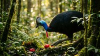 Southern cassowary bird with vibrant blue and black plumage walking through lush tropical rainforest with moss-covered trees and ferns in natural habitat.