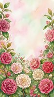 Watercolor camellia floral frame with pink, red and cream blooms on soft pastel background, copy space for greeting cards and invitations.