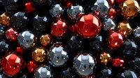 Shiny metallic spheres in red, silver, and gold colors create abstract background pattern with reflective surfaces and dramatic lighting effects.