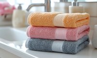 Stack of fresh cotton bath towels in peach, pink and gray colors folded neatly on white bathroom counter with soft focus background showing toiletries.