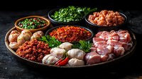 Charcuterie platter with cured meats, fresh mushrooms, red pepper, herbs and side bowls of vegetables and spices on dark surface for entertaining and catering.