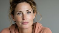 Mature Caucasian woman with natural beauty and soft expression wearing casual pink sweater against neutral gray background.