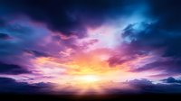 Dramatic sunset sky with vibrant purple and orange clouds. Sunbeams pierce through stormy atmosphere creating mystical mood. Natural phenomenon captured at dusk.