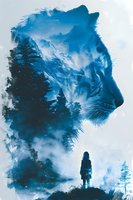 Mystical double exposure of lion silhouette blending with snowy mountain landscape and small human figure standing on cliff edge against misty blue forest background.