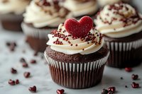Chocolate cupcakes with cream frosting topped with red heart decorations and sprinkles for Valentine's Day celebration and romantic dessert occasions.