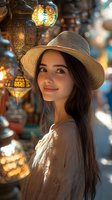 Young woman in straw hat smiling among glowing oriental lanterns, warm evening light creates magical atmosphere with bokeh effect and golden illumination.
