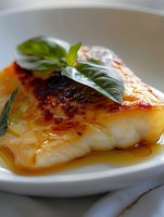 Grilled white fish fillet with caramelized top, served in light sauce and garnished with fresh basil leaves on white ceramic plate, close-up view of gourmet seafood dish.