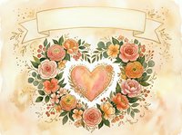 Watercolor floral heart wreath with blank ribbon banner, roses and greenery in soft peach tones, for wedding, Valentine or greeting card design.