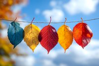 Colorful autumn leaves hanging on clothesline against blue sky with white clouds, showcasing seasonal change in vibrant red, yellow, and green hues.