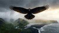 Majestic black eagle soaring with outstretched wings over dramatic coastal landscape at sunset, symbolizing freedom and power in nature's wilderness.