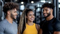 Diverse group of young fitness enthusiasts sharing a cheerful moment at gym. Mixed race friends in sportswear smiling and socializing during workout break.