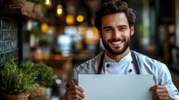 Middle Eastern male chef with beard holding blank white sign, wearing traditional white uniform in restaurant kitchen with warm ambient lighting and herbs in background.