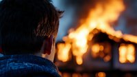 Young man watching burning house in darkness, dramatic silhouette against orange flames and smoke. Concept of disaster, loss and emergency situation.