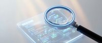 Magnifying glass analyzing digital data on transparent tablet screen with glowing charts and analytics for business intelligence and market research.