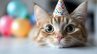 Adorable orange tabby kitten wearing colorful polka dot party hat with birthday balloons in background for celebration and pet party themes.
