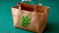 Eco-friendly kraft paper shopping bag with green leaf print on emerald background, sustainable packaging solution for retail and grocery stores.