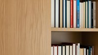 Modern wooden bookshelf with organized books in home library or office space for reading and study interior design concepts.