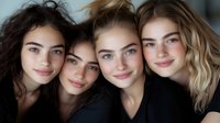 Four young diverse women friends smiling together in close group portrait showing friendship and sisterhood bond in casual indoor setting.