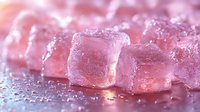 Pink ice cubes with soft lighting and water droplets on reflective surface create dreamy, romantic mood for beverage and cocktail photography.