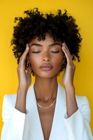 Young African American woman with natural curly hair wearing white blazer touching temples with closed eyes against yellow background, expressing mindfulness.