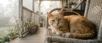 Orange tabby cat relaxing on wicker chair on sunny porch with garden view, domestic pet enjoying peaceful morning sunlight through windows.