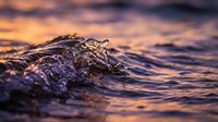 Ocean wave close-up with golden sunset light reflecting on water surface creating warm purple and orange tones in natural seascape.