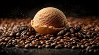Scoop of coffee ice cream on roasted coffee beans background with dramatic lighting and shallow depth of field, gourmet dessert concept.