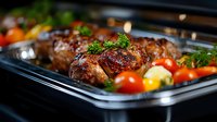 Grilled chicken thighs glazed with honey-soy sauce, garnished with fresh herbs and colorful cherry tomatoes on black serving tray, close up food photography.