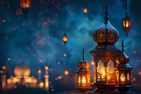 Ornate oriental lanterns glowing with warm light against dark blue night sky with floating lanterns and bokeh lights creating magical Ramadan atmosphere.