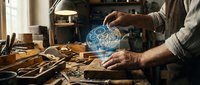 Skilled craftsman working with holographic blueprint technology in traditional woodworking workshop, blending modern digital design with classic handmade craftsmanship.