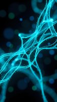 Glowing cyan neural network connections with sparkling particles on dark background for medical research, biotechnology and neuroscience presentations.