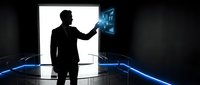 Silhouette of male professional in business suit interacting with glowing digital interface and holographic display, representing technology innovation and future business solutions.