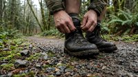 Close-up of hiker tying muddy hiking boots on forest trail. Outdoor adventure and trekking preparation concept for travel and nature exploration.