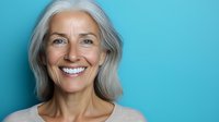 Confident mature Caucasian woman with silver gray hair and bright smile against turquoise background showing natural aging and wellness concept for healthcare marketing.