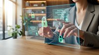 Professional businesswoman interacting with futuristic digital security interface displaying data protection and cybersecurity elements in modern office.