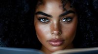 Young African American woman with natural curly hair and striking blue eyes looking directly at camera with confident expression and glowing skin.
