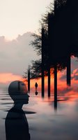 Surreal conceptual composition with silhouette of person against dramatic sunset sky, reflecting in water surface, symbolizing introspection and mental health awareness.