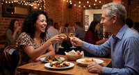 Mature Caucasian man and African American woman toasting with wine glasses during romantic dinner date at cozy restaurant with brick walls and string lights.
