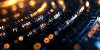 Digital data stream with glowing numbers and bokeh light effects on dark technological background, representing cybersecurity and information flow.