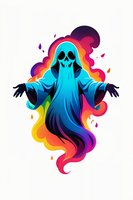 Vibrant ghost character in flowing blue robes against colorful rainbow smoke background, perfect for Halloween designs, gaming assets, or modern gothic art projects on white background.