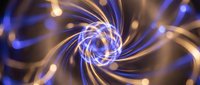 Abstract spiral energy waves with glowing blue and golden light trails creating dynamic swirling motion pattern for modern digital backgrounds and futuristic designs.