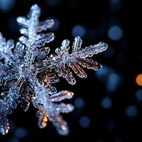 Macro photography of natural ice crystal snowflake with intricate detailed patterns and branches illuminated against dark background with soft bokeh lights.