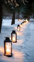 Glowing lanterns illuminate snowy forest path at dusk, creating magical winter atmosphere for holiday cards and seasonal decor.